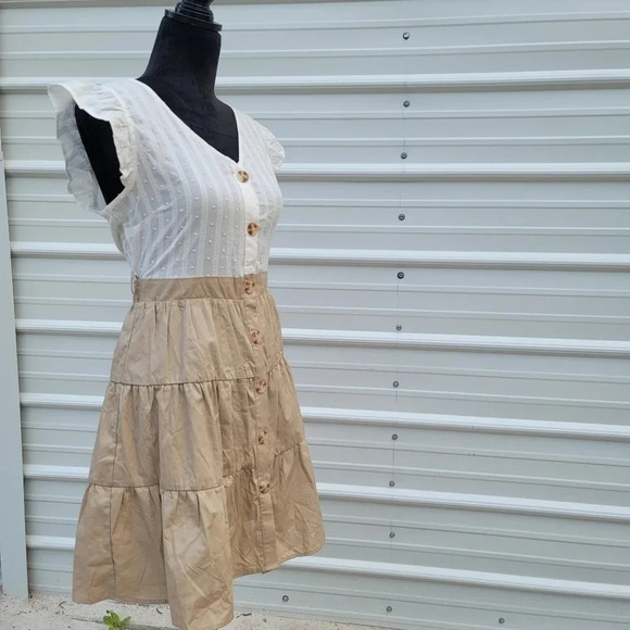 Mine Flutter Sleeve Button Down White Tan A-Lind Mini Dress Cap Sleeve Sz Large - Picture 9 of 10